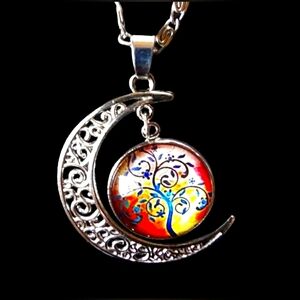 Silver Moon and Tree of Life Pendant Necklace